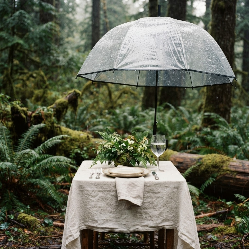 Rain falling on ferns beside a linen table setting in a cedar forest