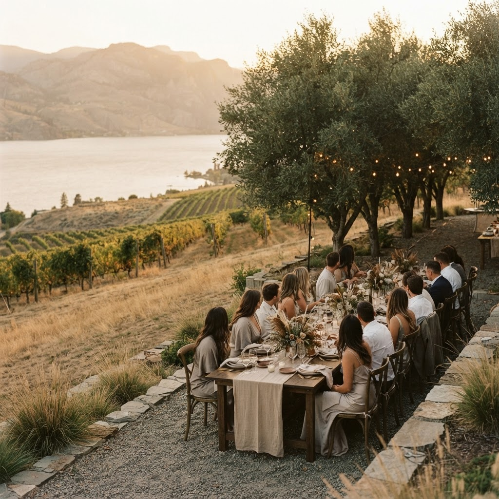 Vineyard rows above Okanagan Lake at golden hour