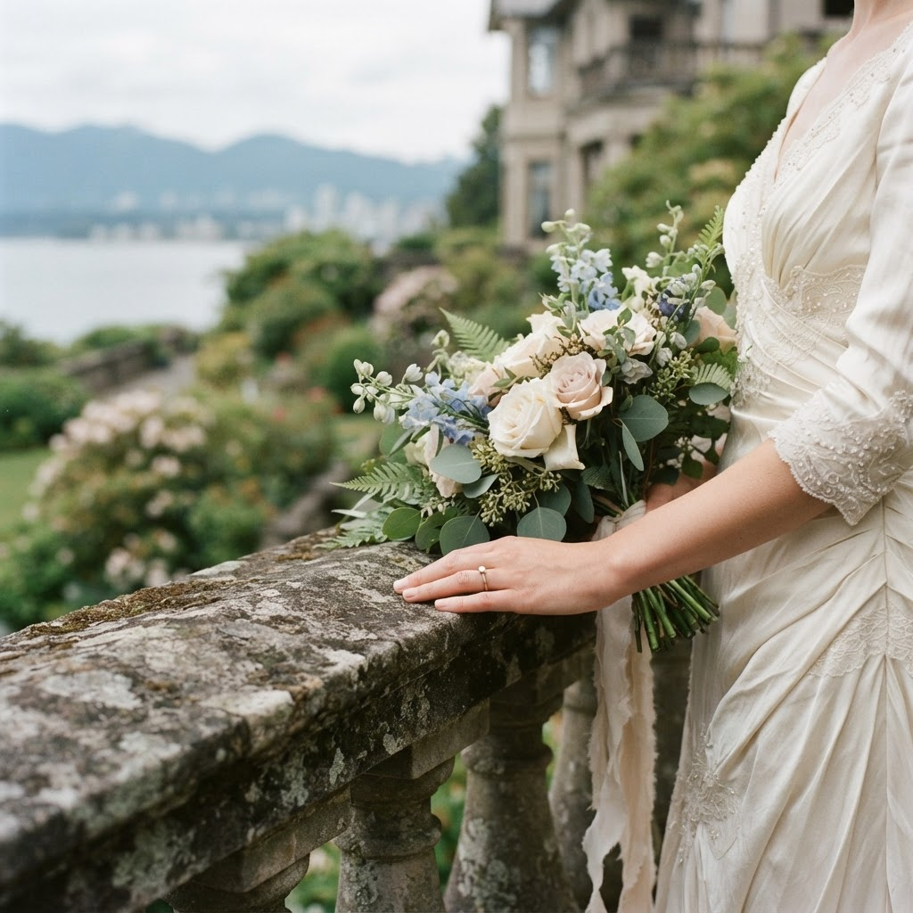 A gown detail in a Vancouver garden