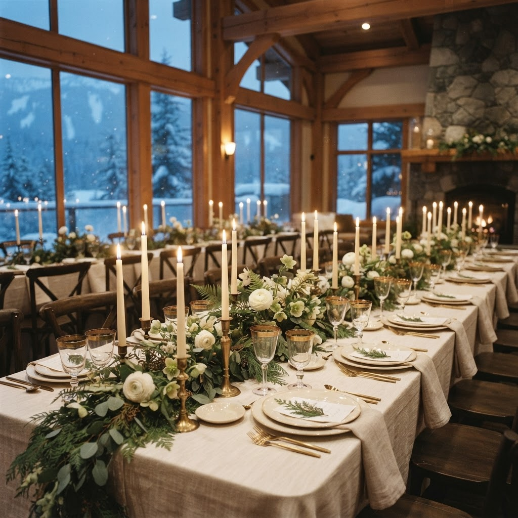 The candlelit dinner table at Nita Lake Lodge with snow beyond the windows